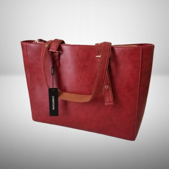 Handbags - NWT! Burgundy Faux Leather Tote Bag w/Laptop Divider & Luggage Strap
